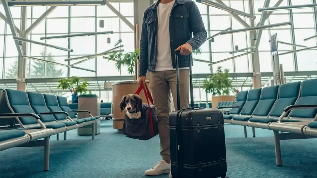 small dog in a pet carrier before boarding the flight