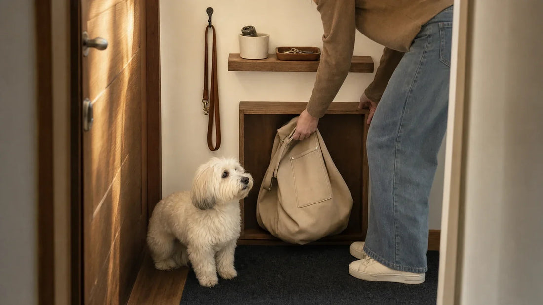 Small dog beside an organized apartment entryway with a carrier, leash, waste-bag cup, and key tray.