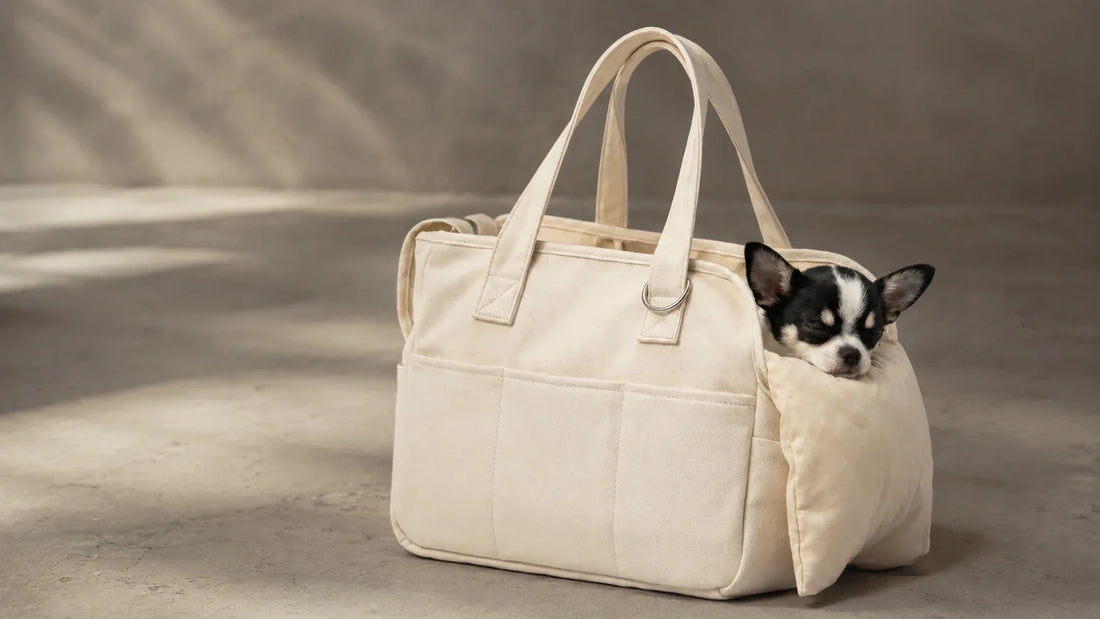 A small dog calmly settles in a carrier