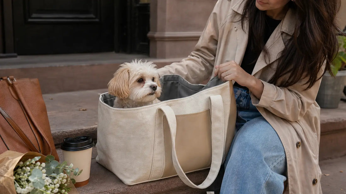 small dog resting in a carrier bag near an apartment doorway