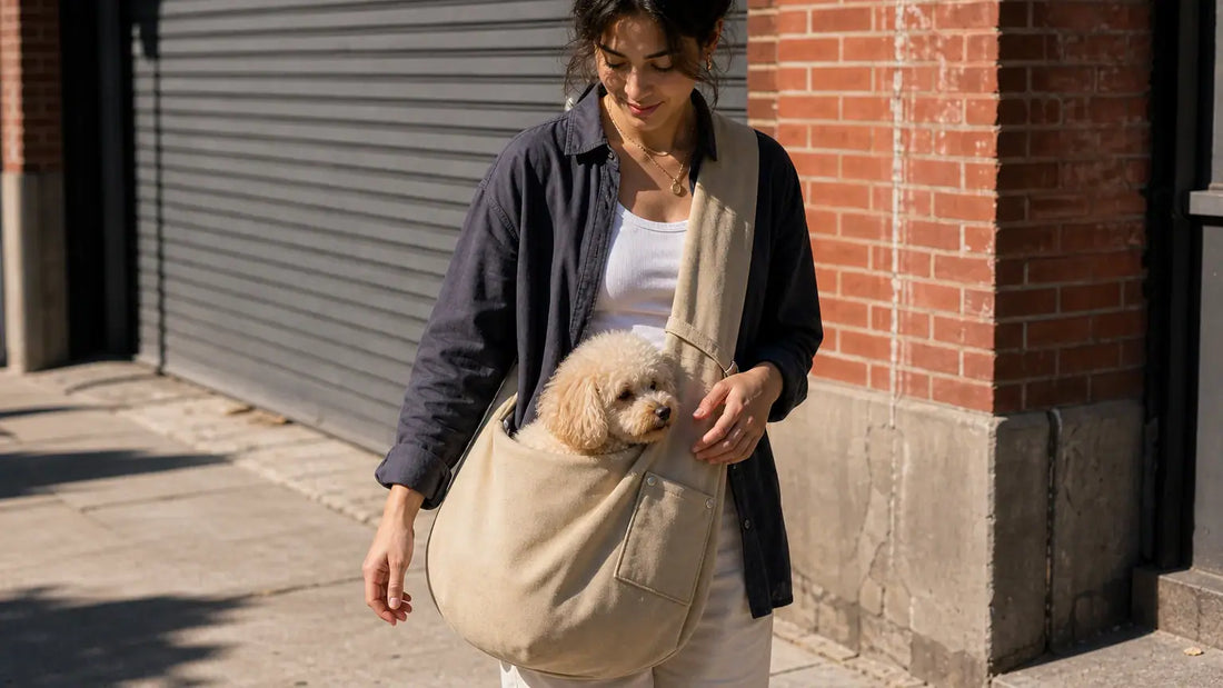 small dog resting in a crossbody sling carrier during a city outing