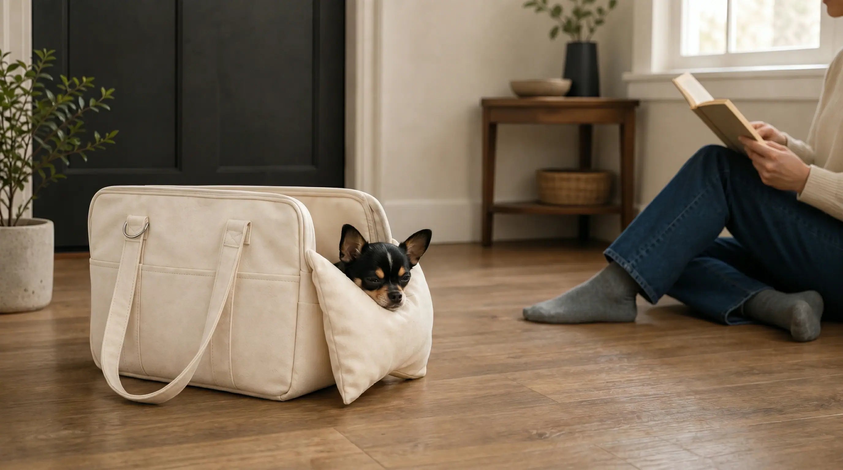 relaxed small dog resting voluntarily inside an open carrier