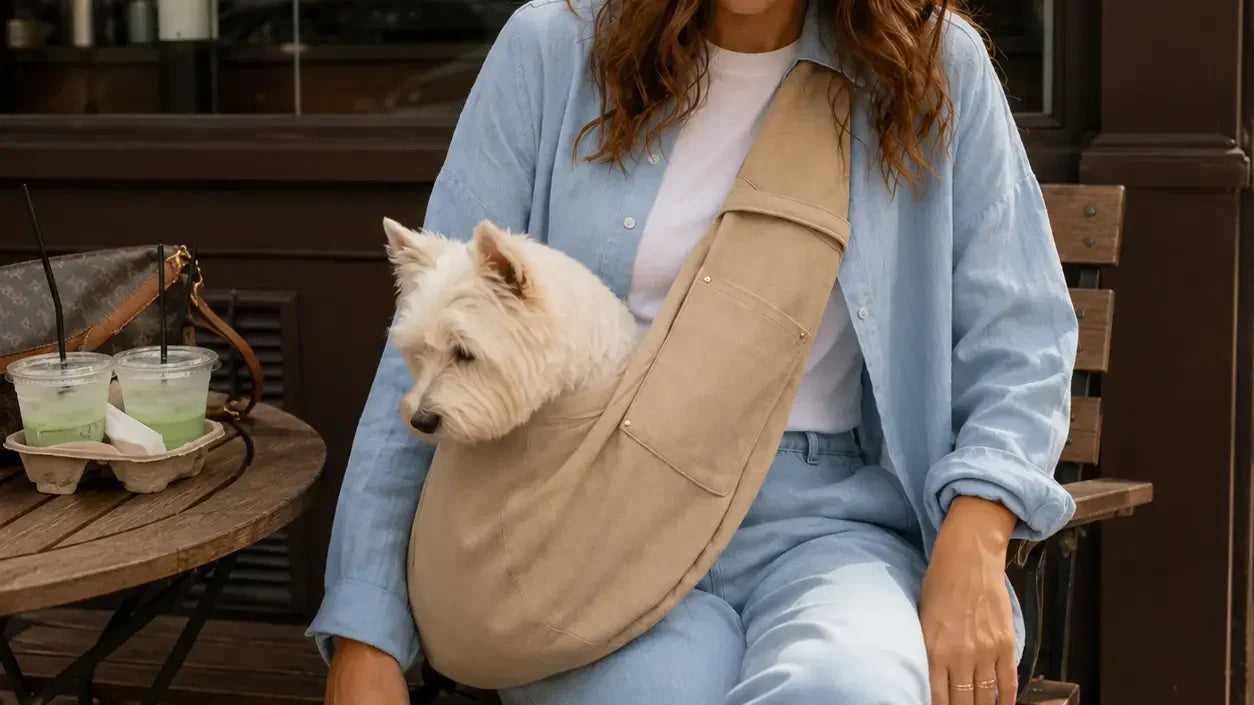 small dog resting in a crossbody carrier near a coffee shop