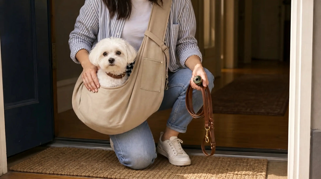 small dog with a carrier leash collar and cleanup bags by an apartment door