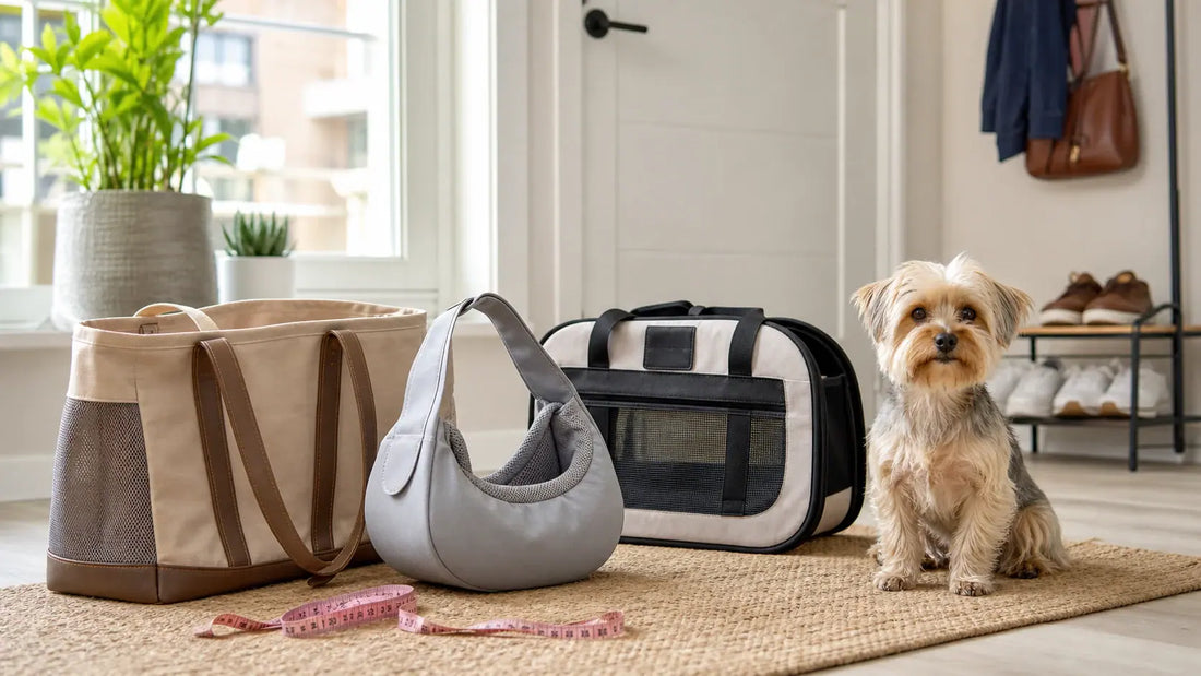small dog beside tote sling and structured carrier options with measuring tape