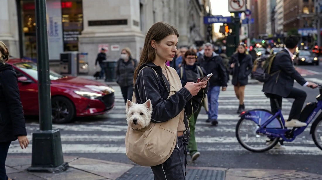 small dog resting in a sling carrier in noisy street