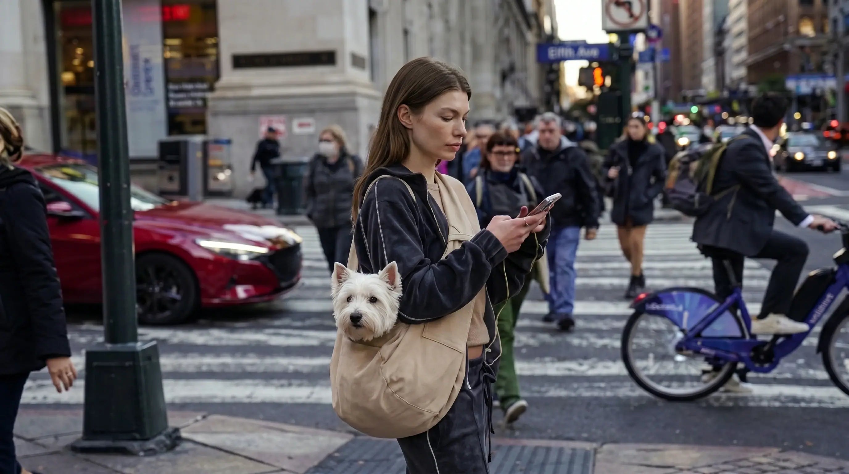 small dog resting in a sling carrier in noisy street