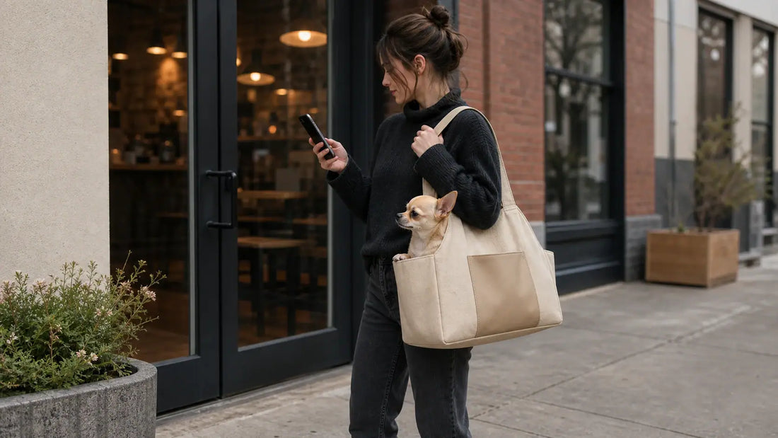 small dog resting in a carrier outside a quiet coffee shop