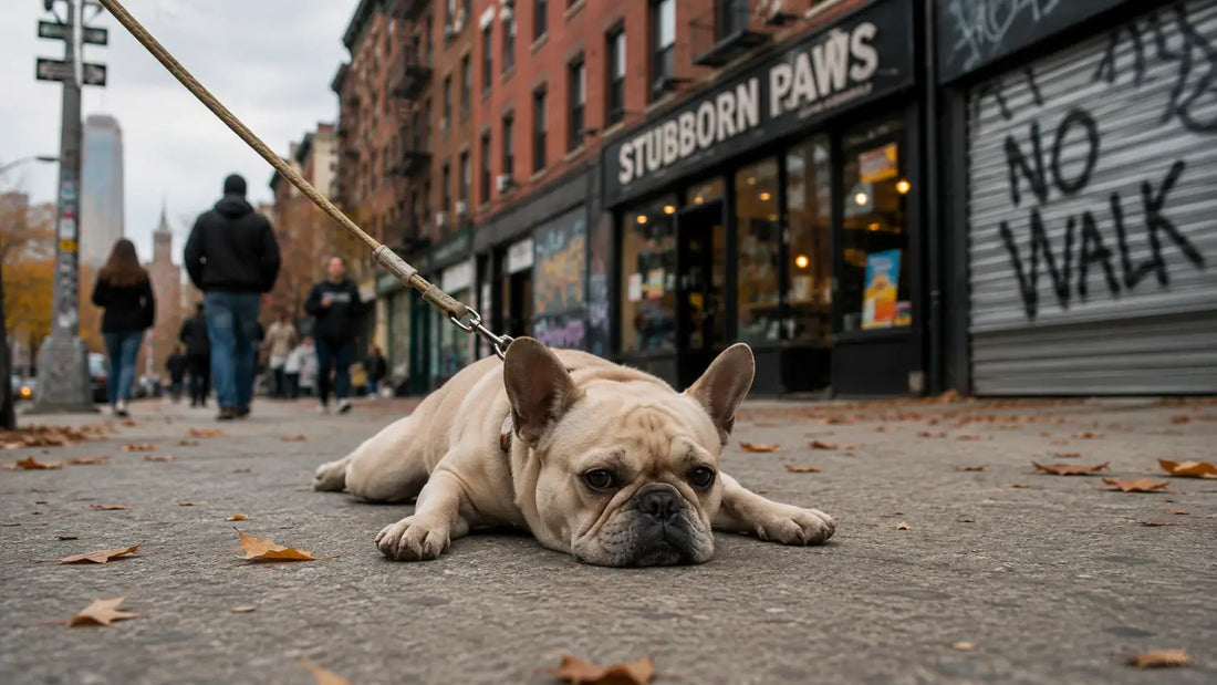 small dog pausing on street, showing tired emotion