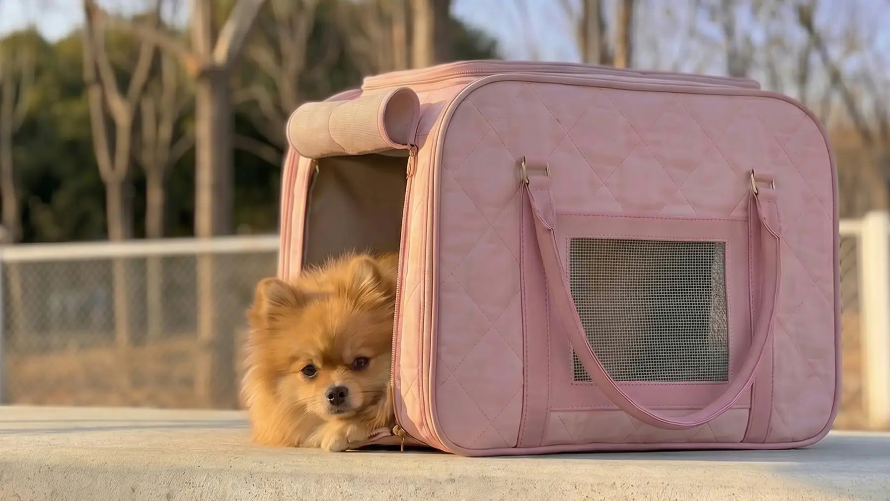 small dog sit near a structured soft-sided carrier with mesh panels