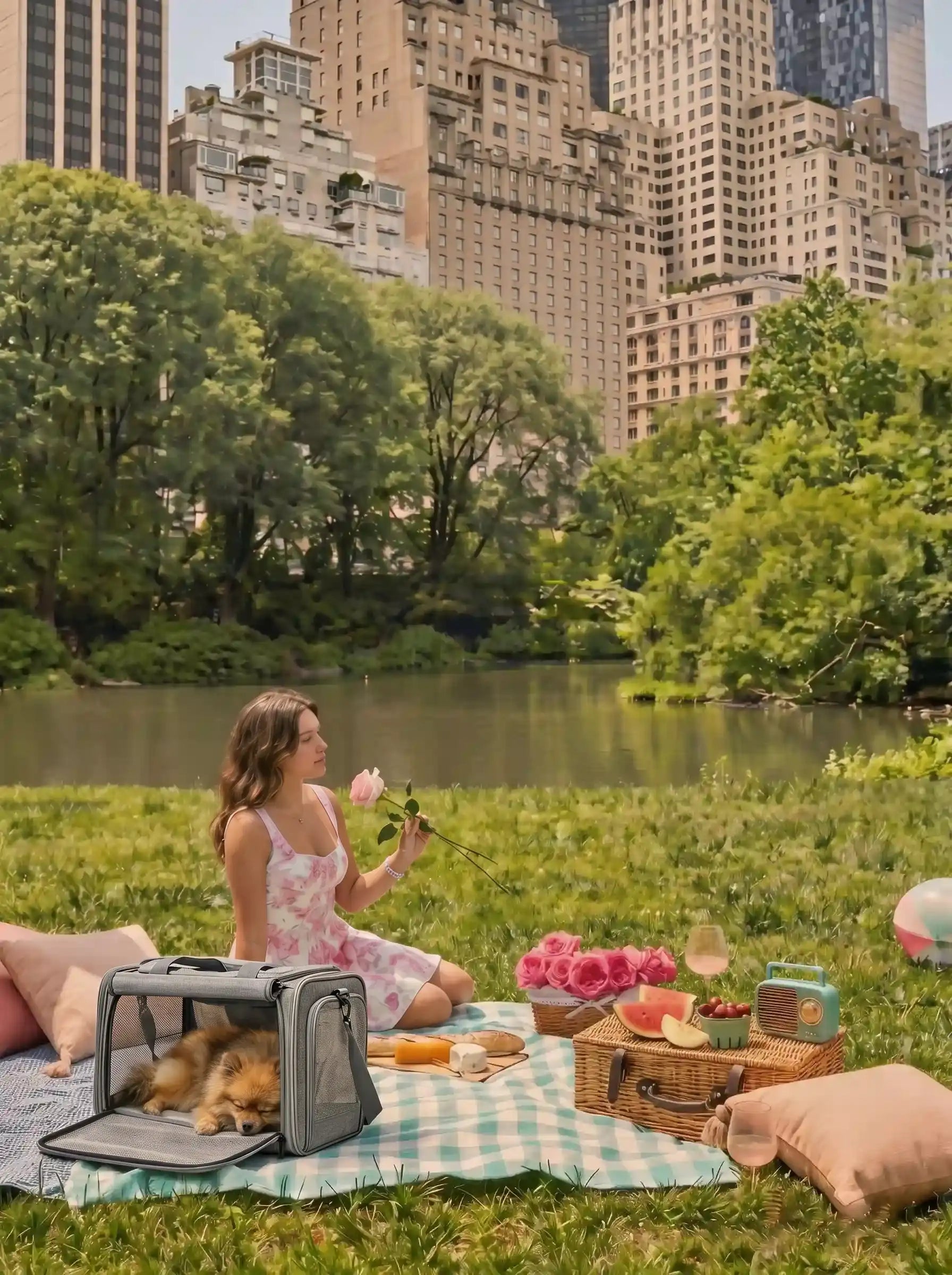 The model and the pet dog in the bag are sitting on the picnic blanket