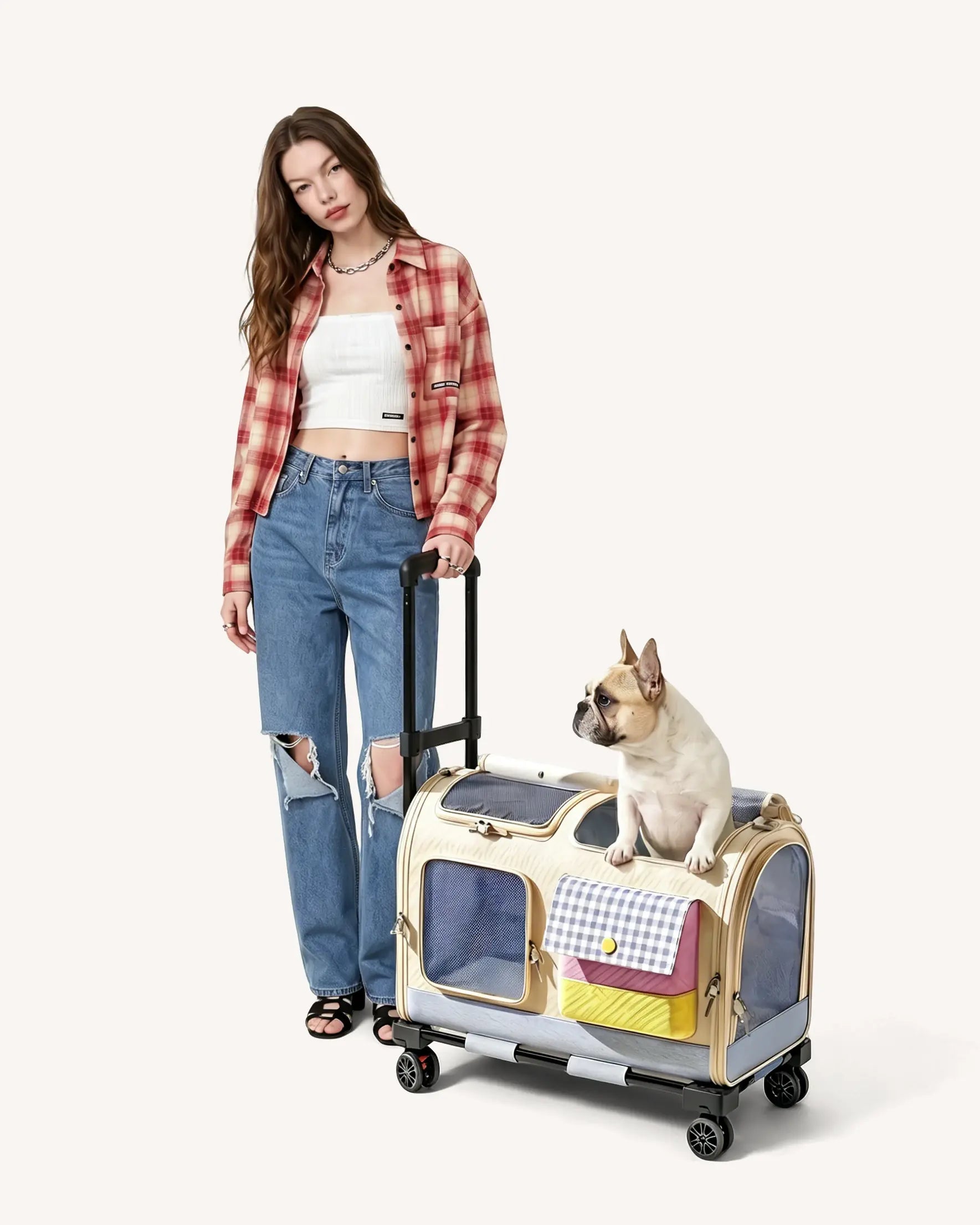 The model was holding a rolling carrier, inside which there was a bulldog