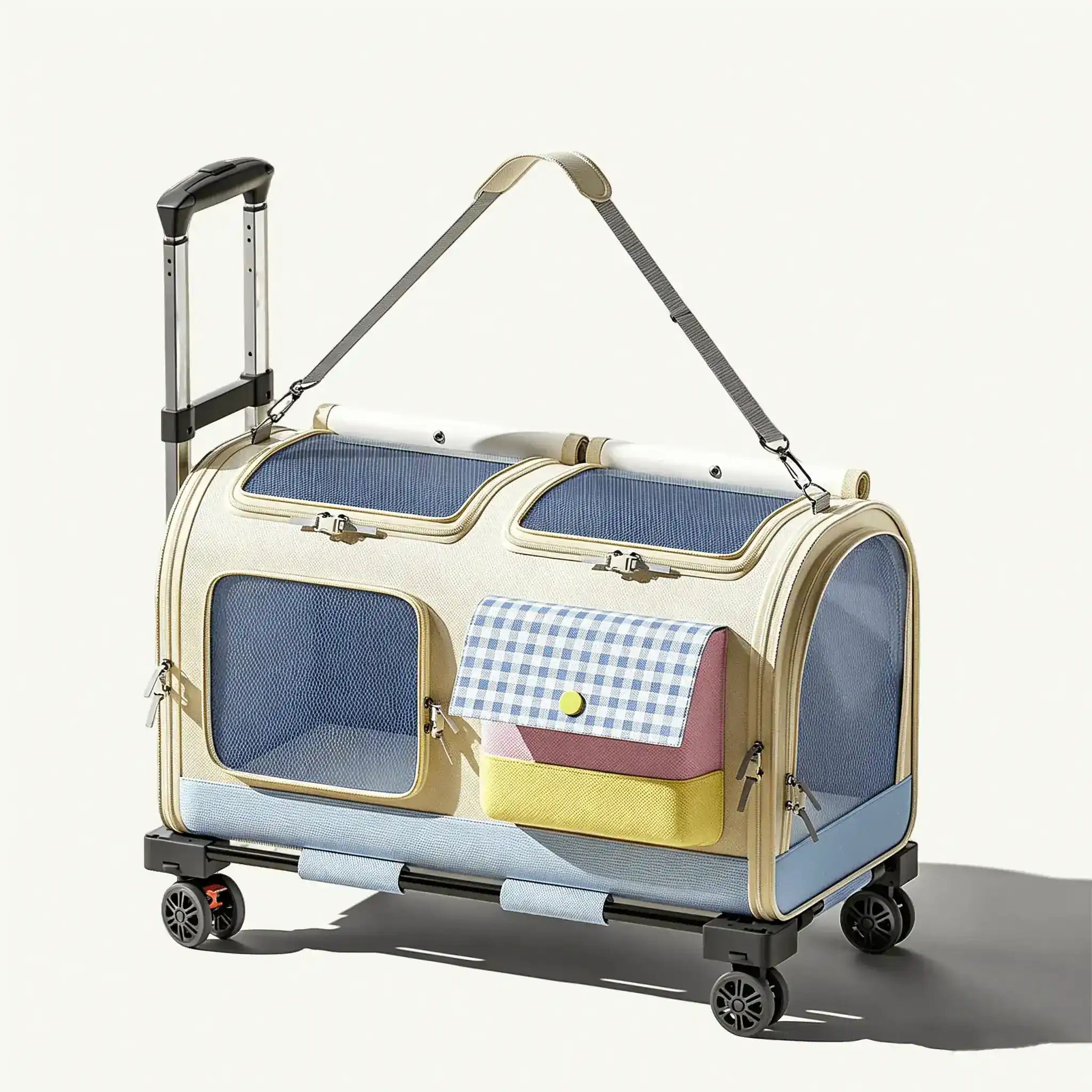 Beige and blue small dog stroller