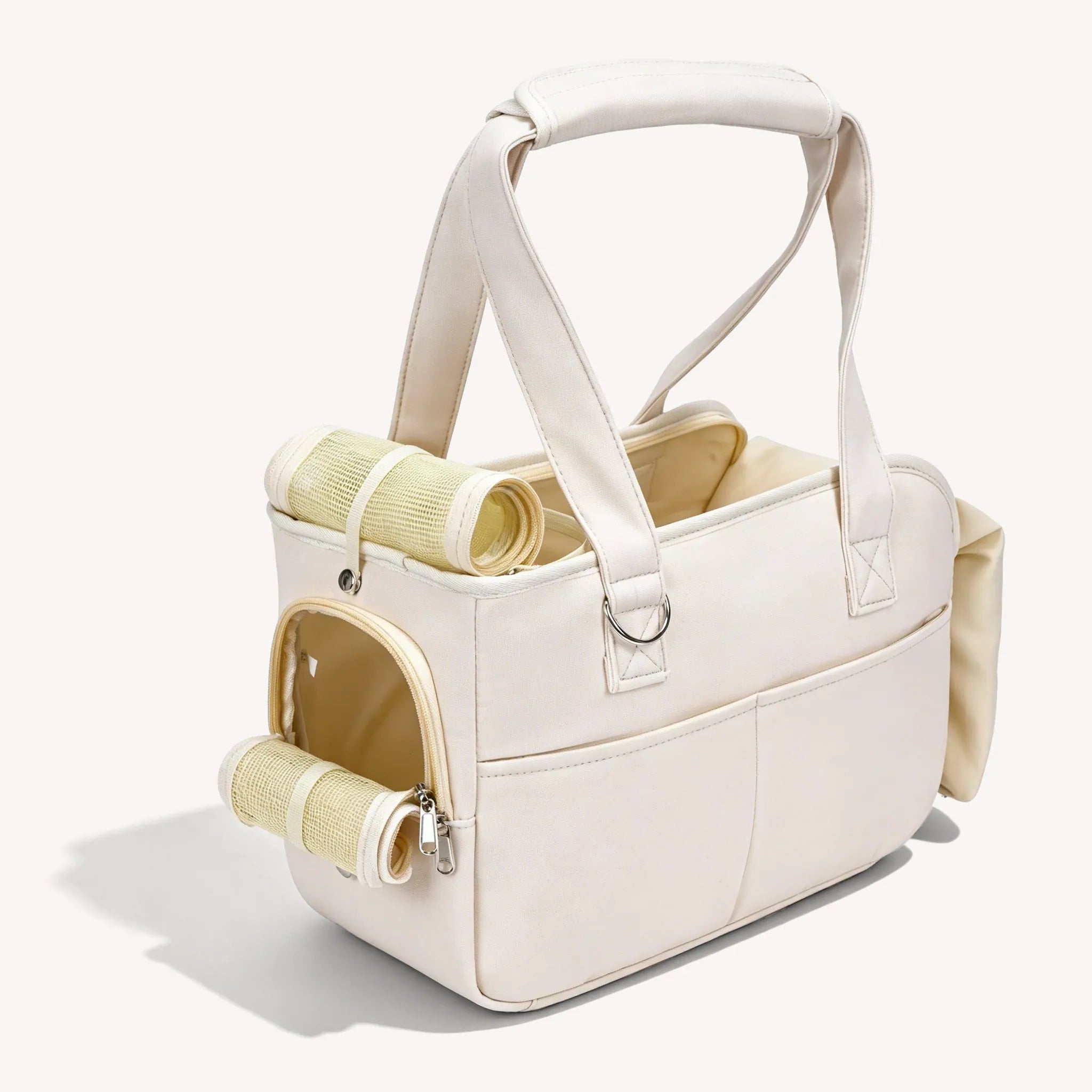Beige pet tote bag, with a roll-up opening design and double-layer mesh windows
