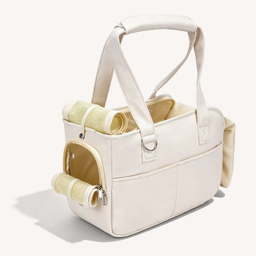 Beige pet tote bag, with a roll-up opening design and double-layer mesh windows