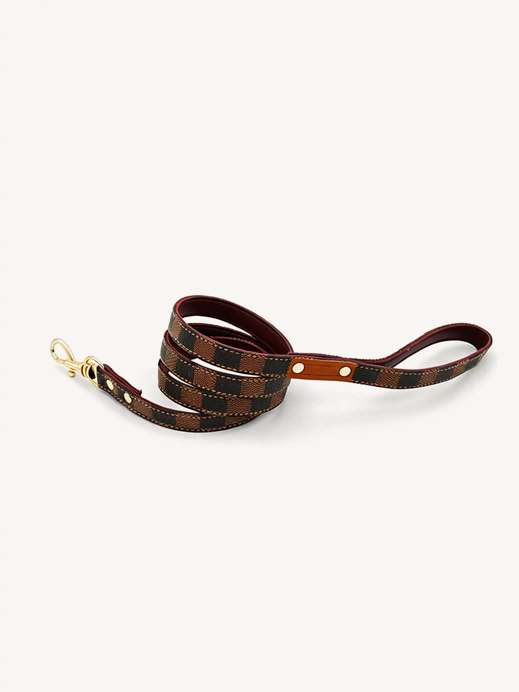 Dark brown and black checkered pattern leather leash