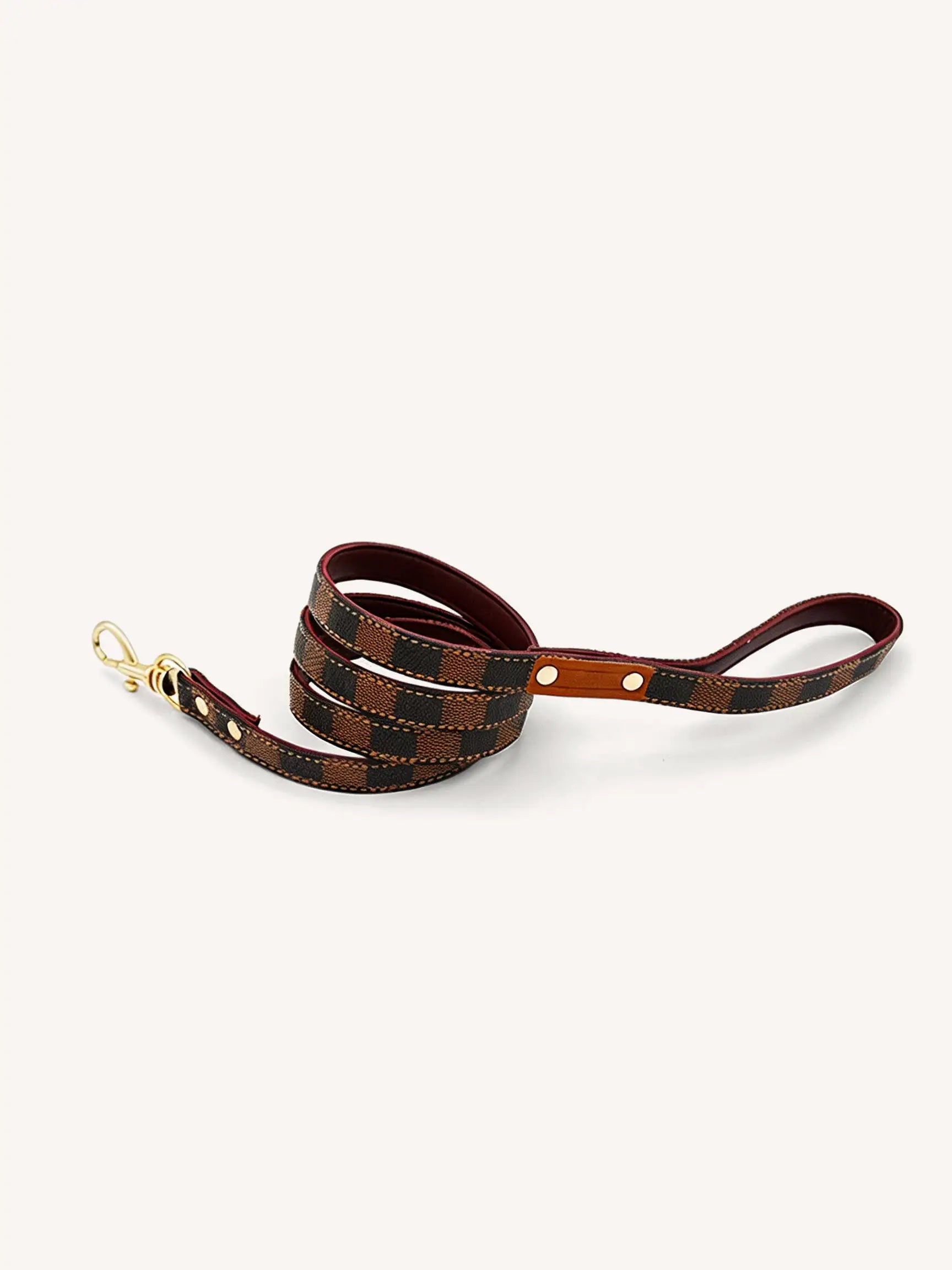 Dark brown and black checkered pattern leather leash