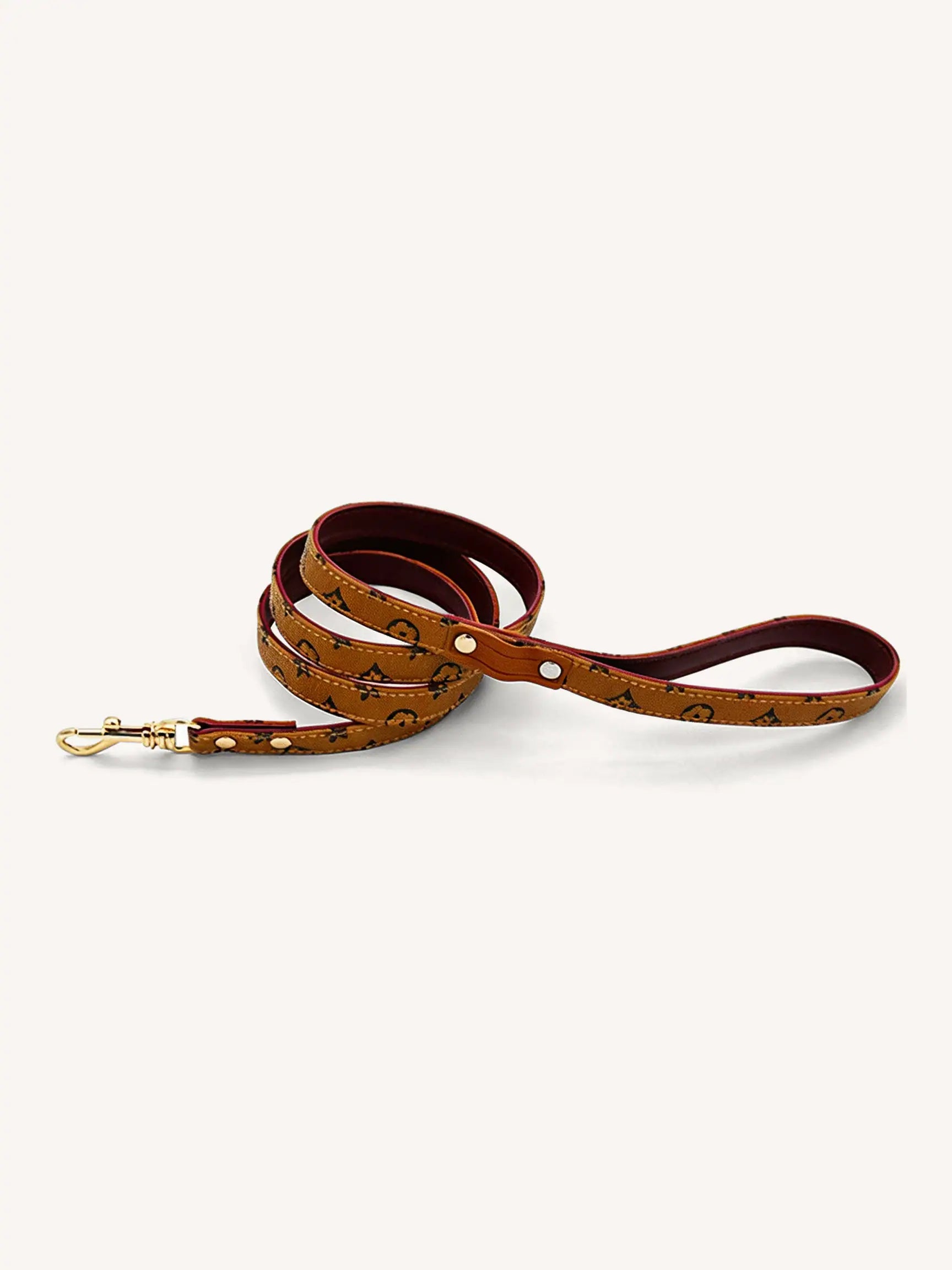 Brown leather leash with printed patterns