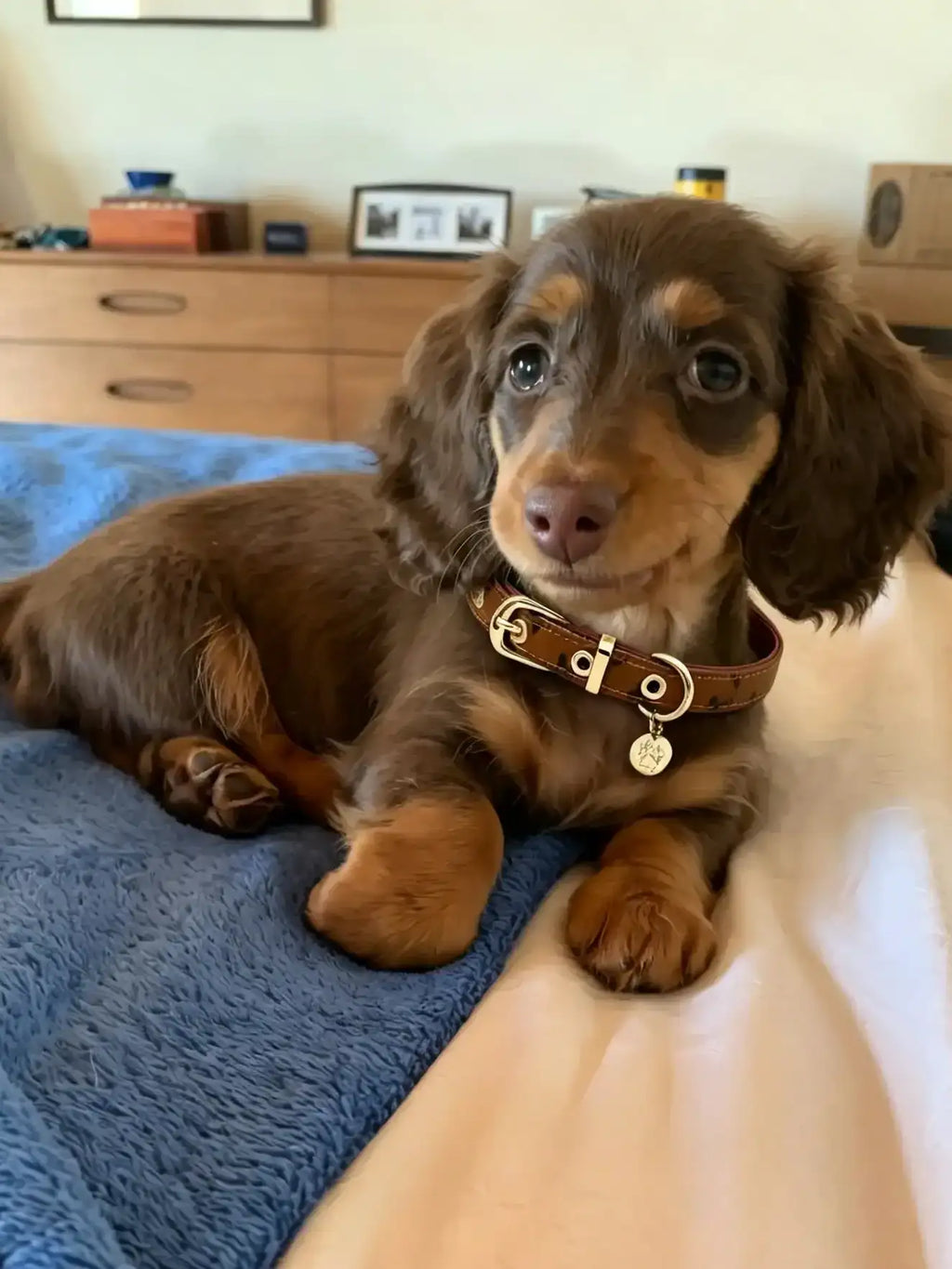 A cute dachshund is lying on the bed with a collar around its neck.