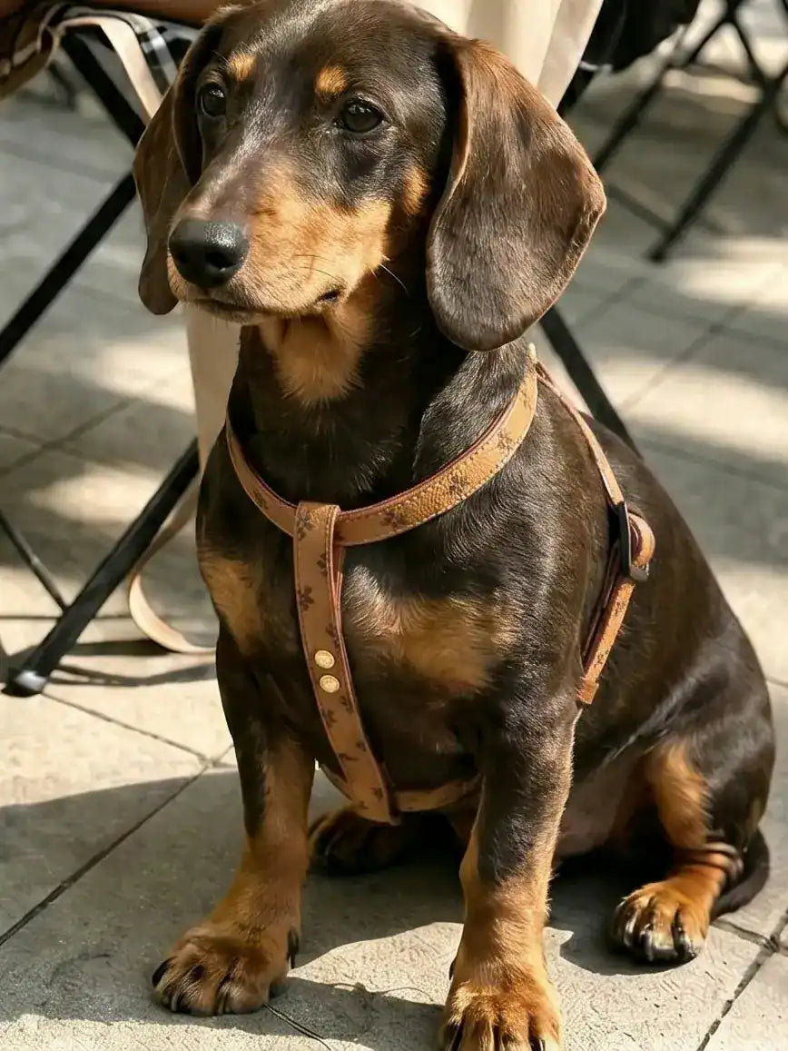 A dachshund, wearing a brown chest and back with patterns, is sitting on the ground.
