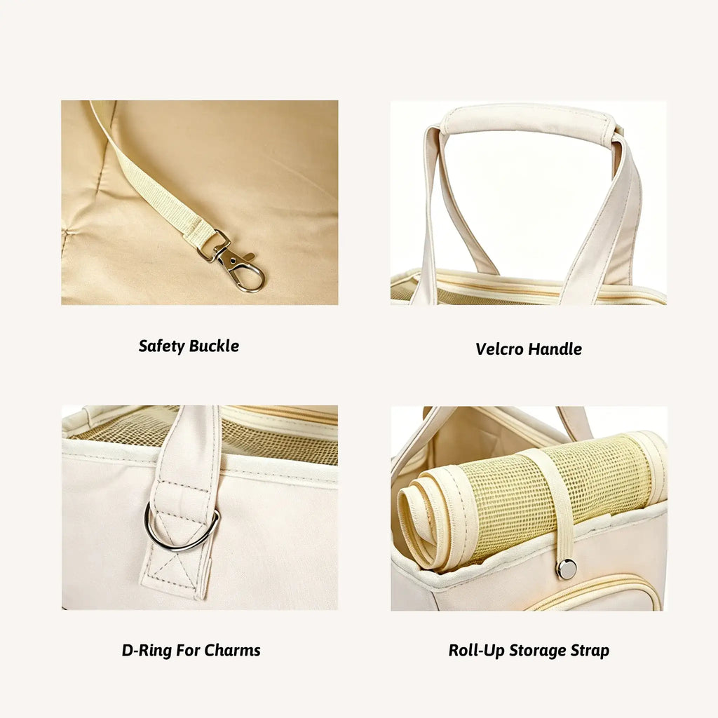 Features of the pet tote bag: Safety buckle, Velcro handle, D-ring, roll-up opening