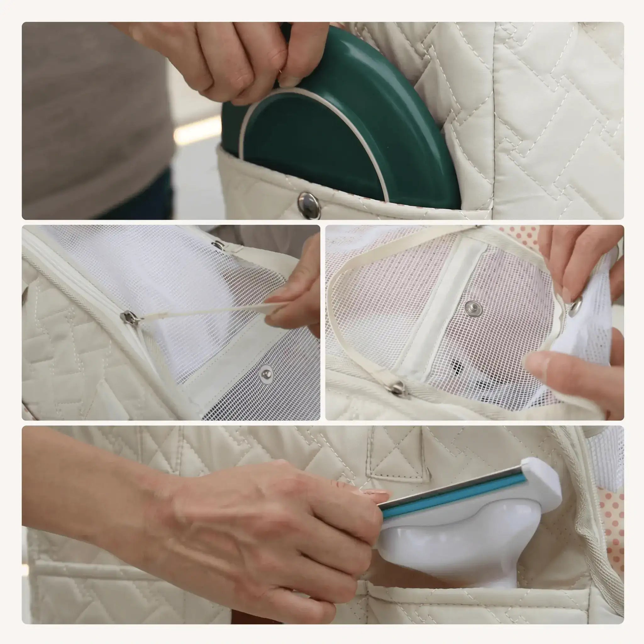 Details of the pet tote bag: Pockets and roll-up design