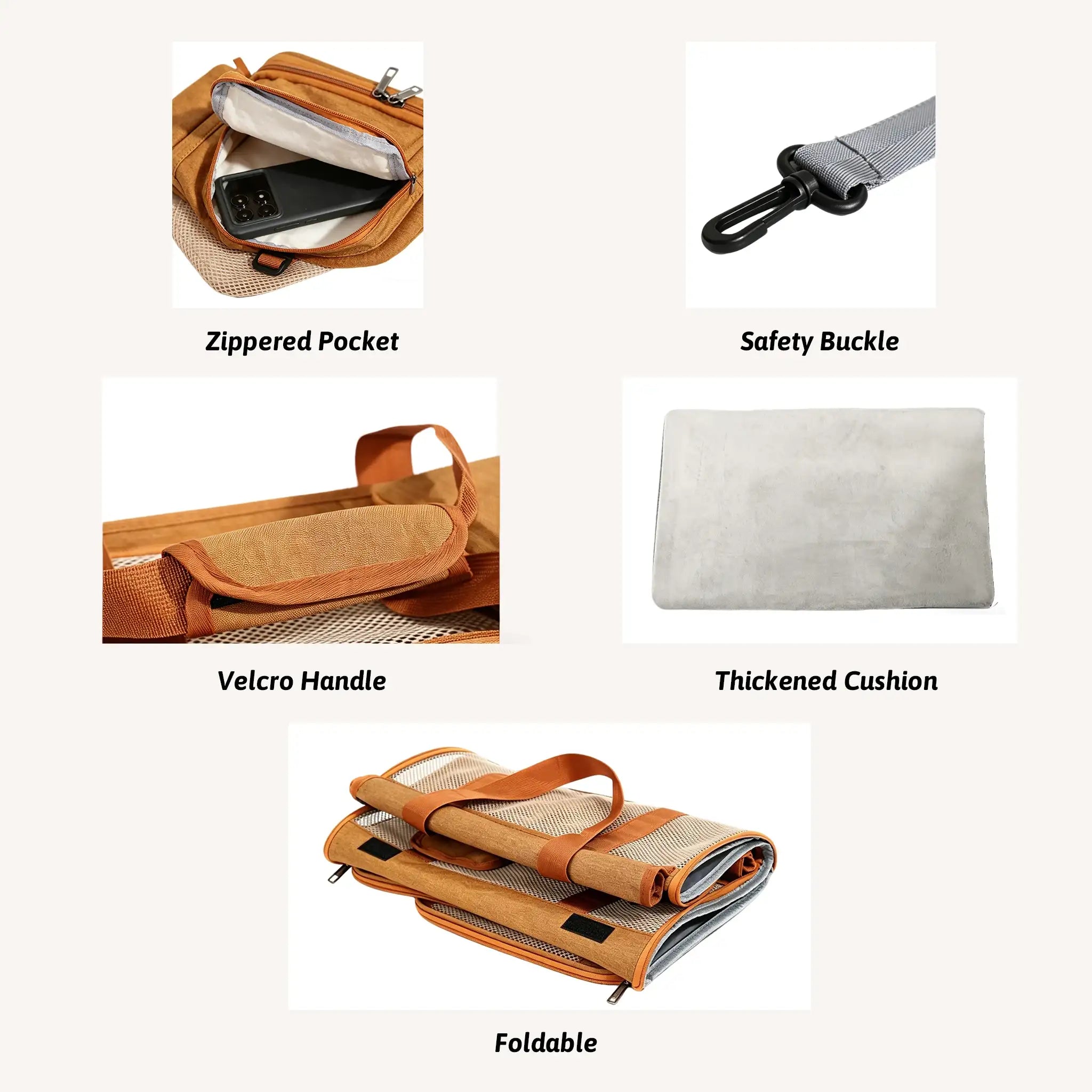 Features of pet carrier: pocket, safety buckle, Velcro handle, thickened cushion, foldable