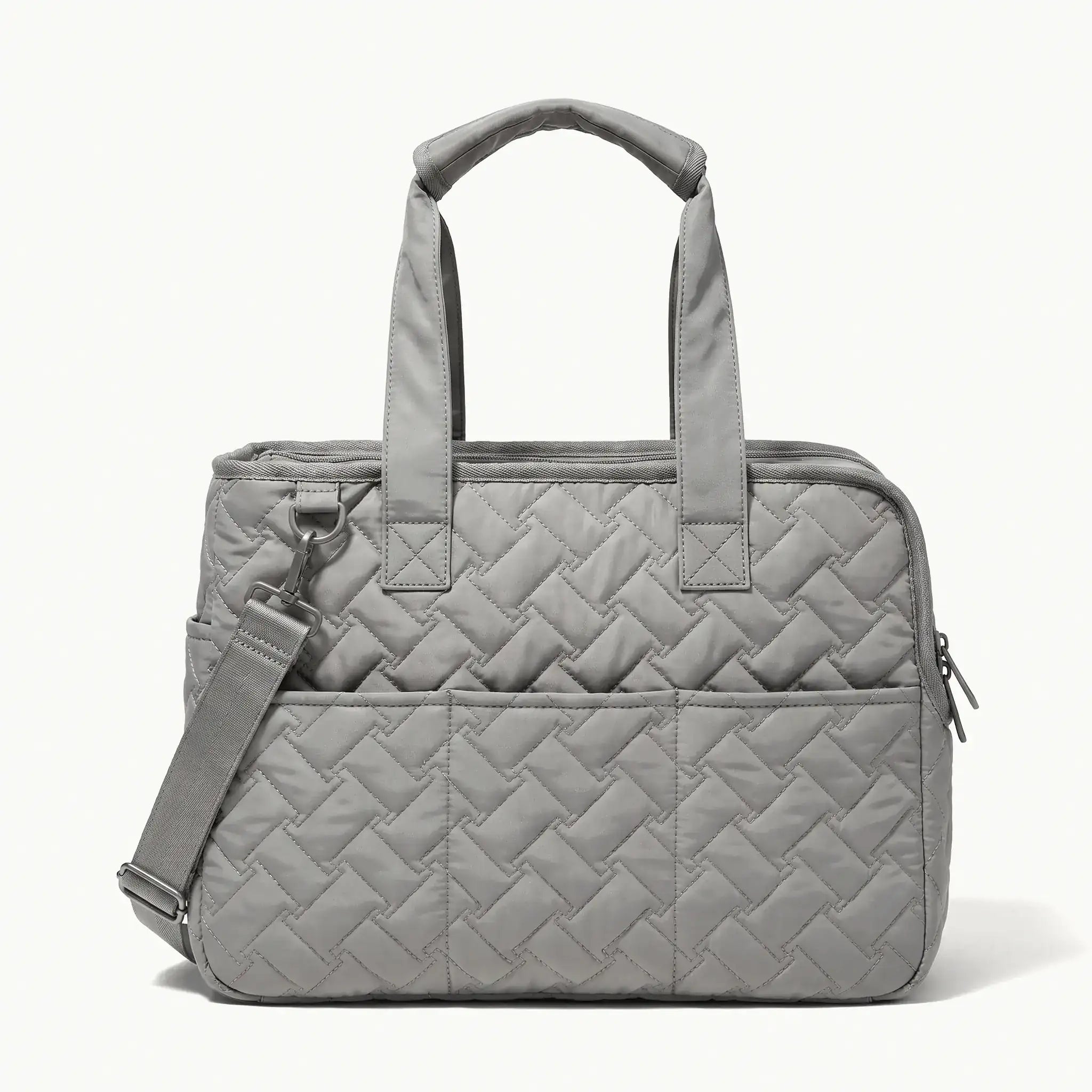 Side view of the gray pet tote bag, featuring a shoulder strap.
