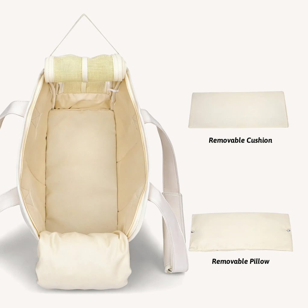 Top view of the pet tote bag, featuring a removable cushion and pillow