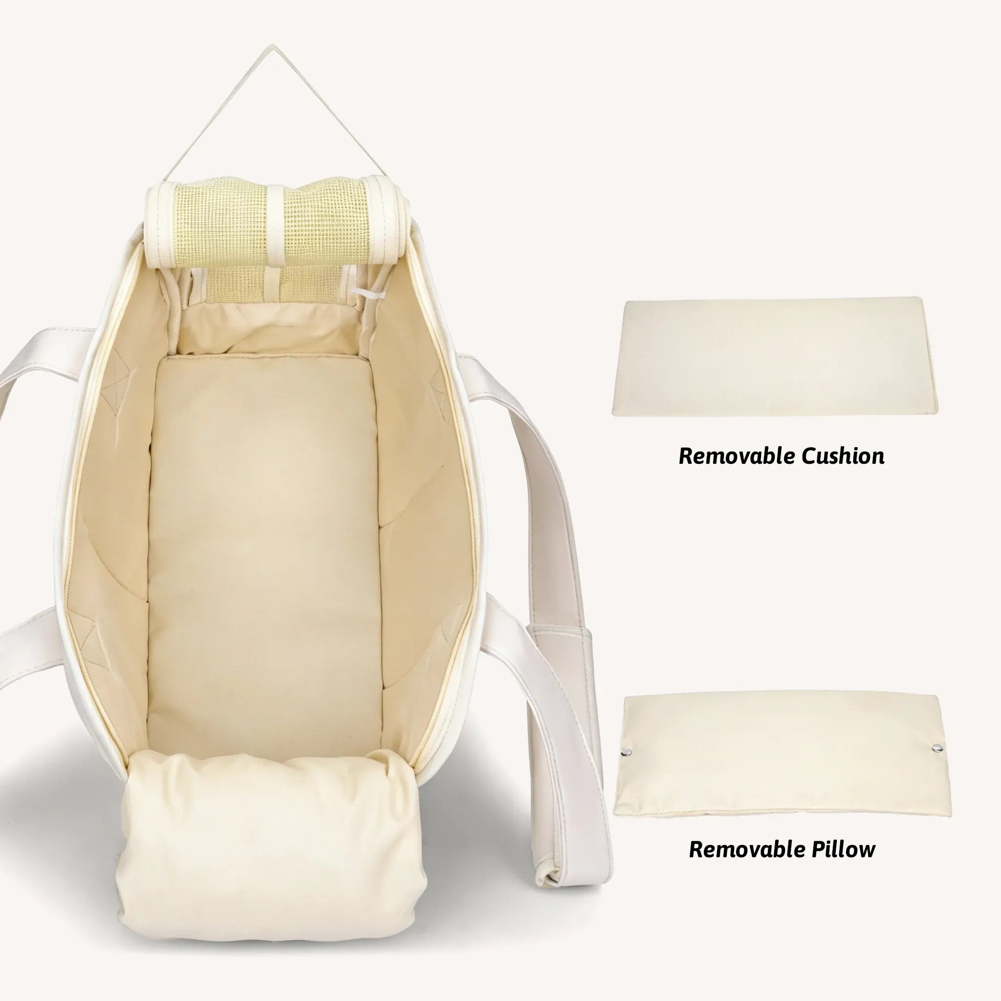 Top view of the pet tote bag, featuring a removable cushion and pillow