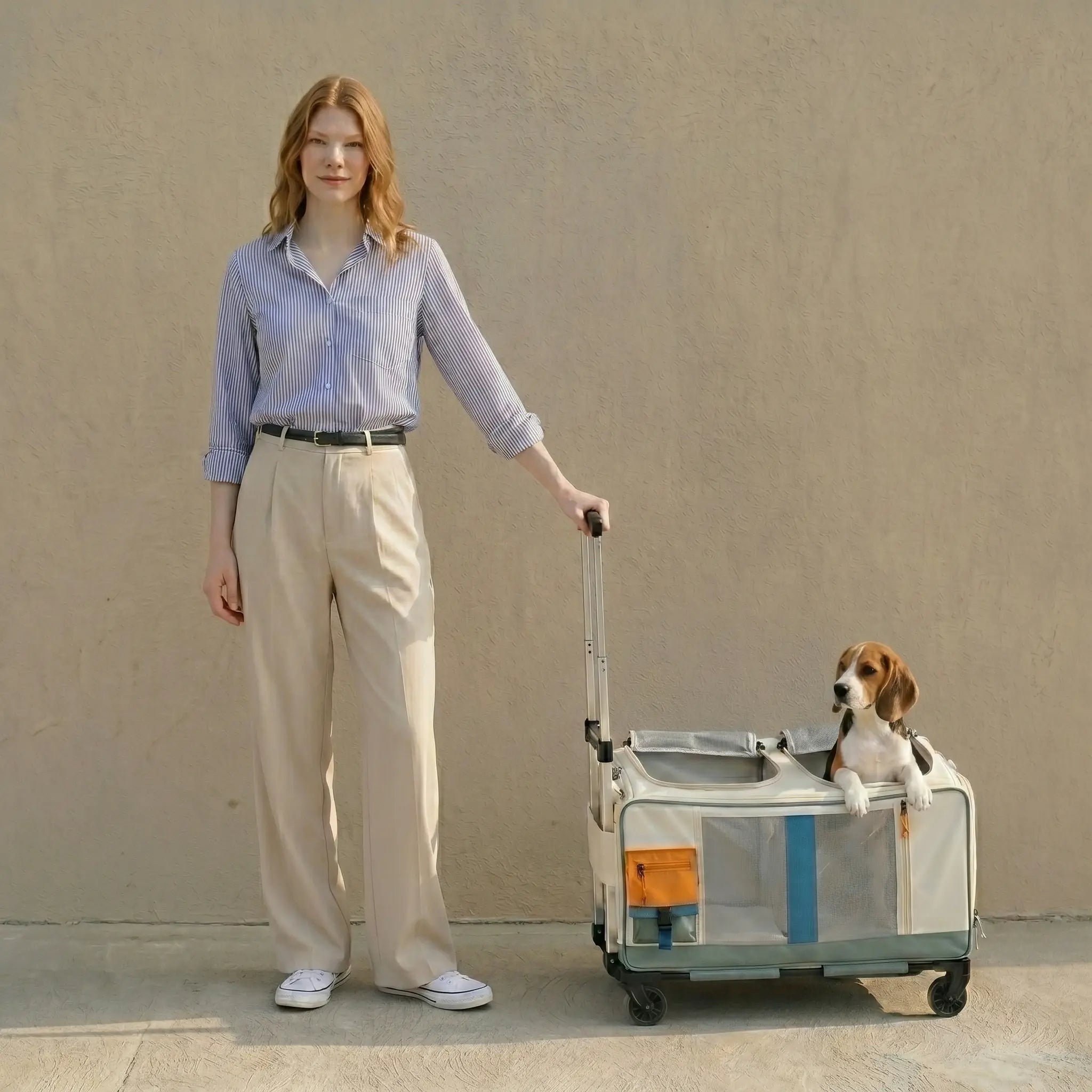 A model is pulling a beagle in a beige and green pet stroller