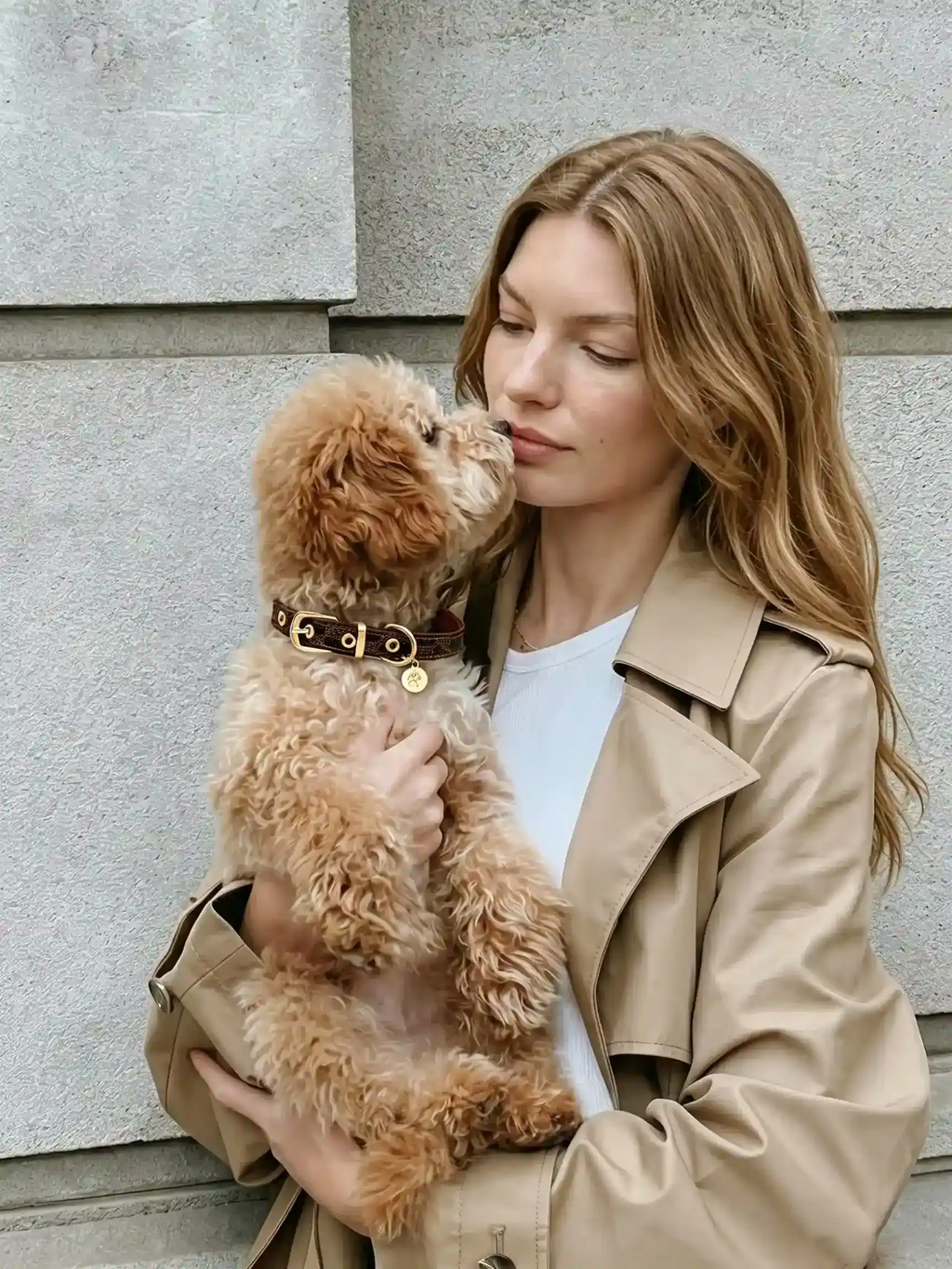 Model is holding a dog with a collar, and the dog is nuzzling the model.