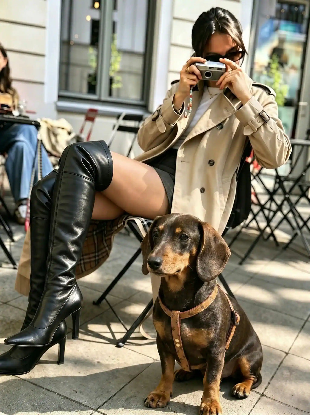 A dachshund wearing a brown dog collar with patterns, and model taking photo for him.