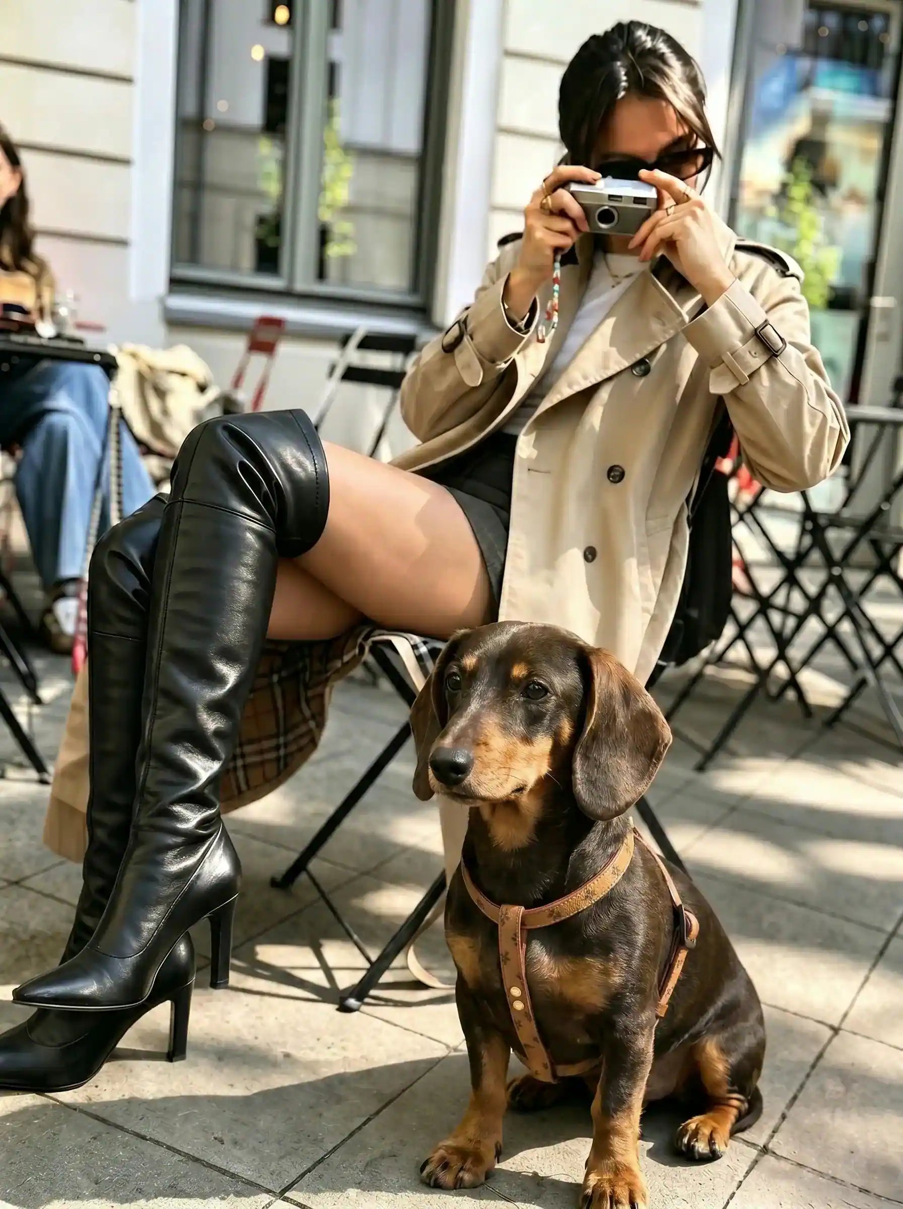 A dachshund wearing a brown dog collar with patterns, and model taking photo for him.