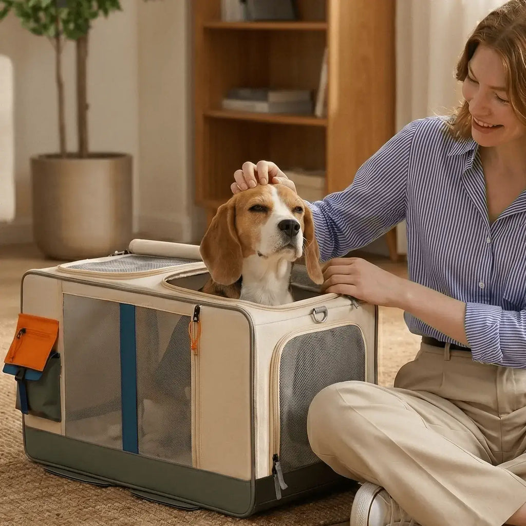 model is caressing a beagle that is poking its head out of a beige and green pet carrier