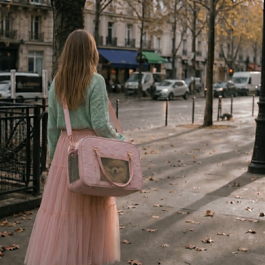 model was walking down the street, carrying puppy in a soft-sided carrier