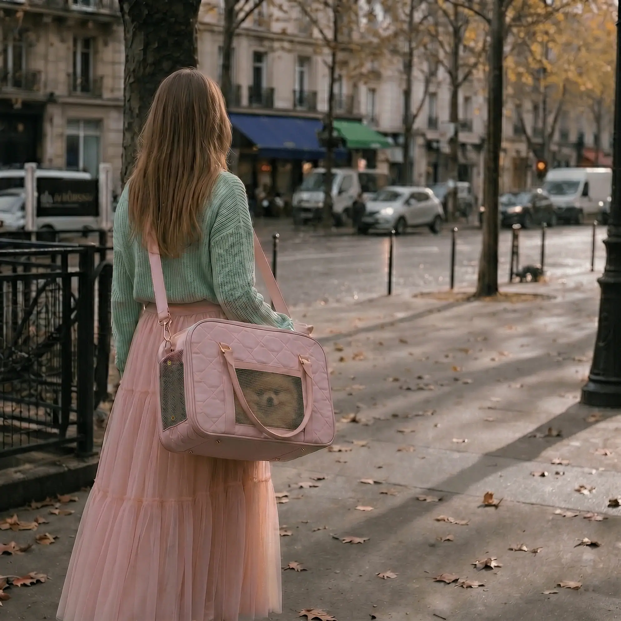 model was walking down the street, carrying puppy in a soft-sided carrier