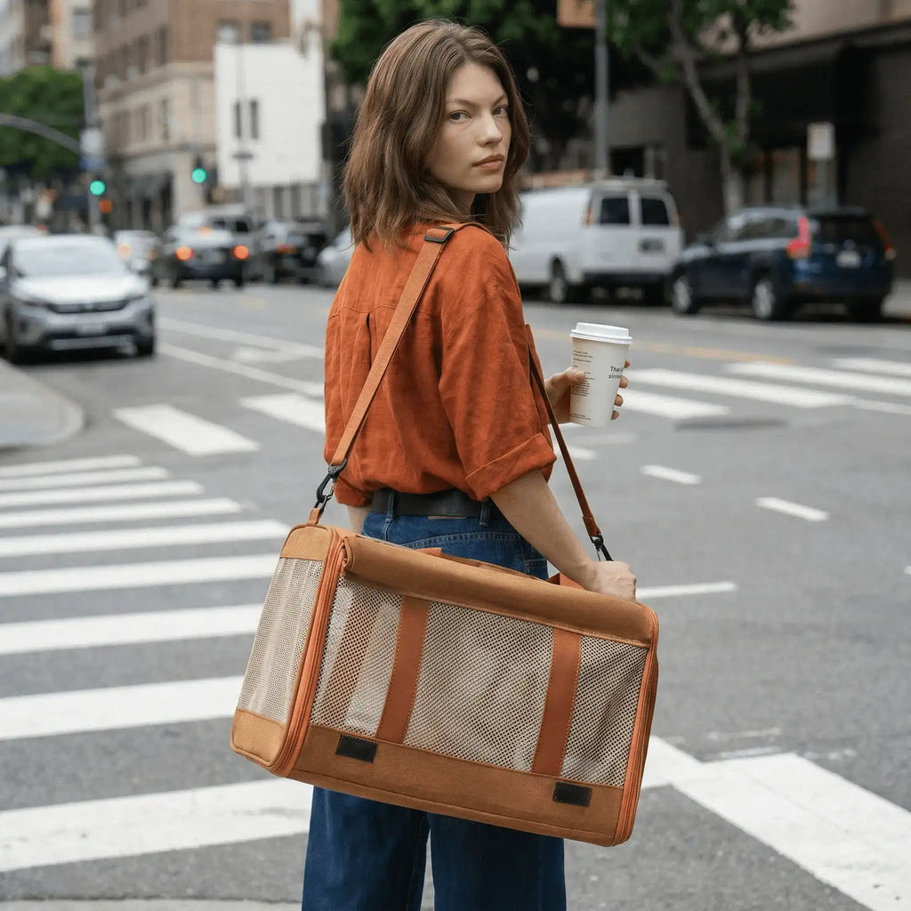 A model is carrying a pet carrier using a crossbody strap while on road