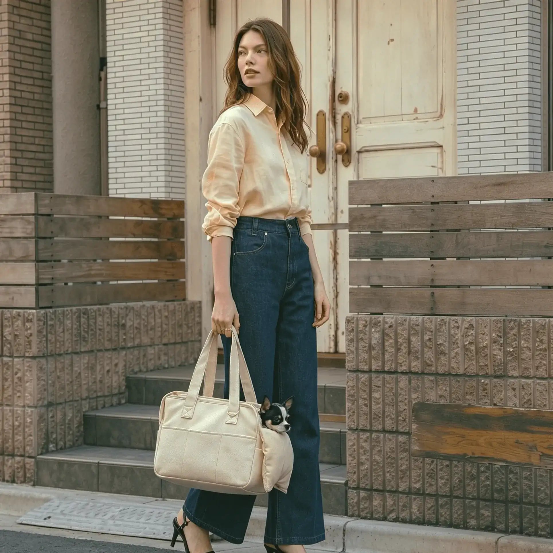 A model is carrying a beige pet tote bag with a Chihuahua inside
