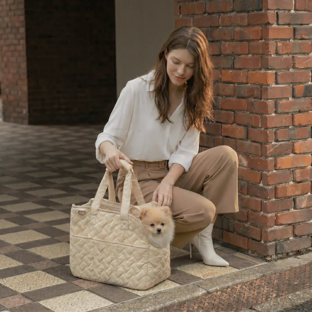 A model squats down to pet the Pomeranian inside the beige tote bag