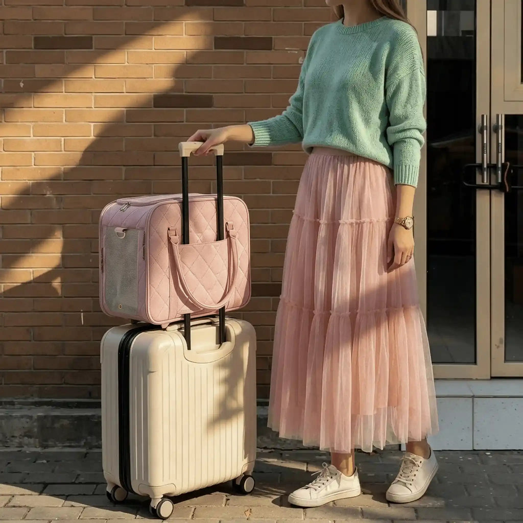 model placed her hand on the handle of suitcase, and a soft-side carrier was fixed on the top of the suitcase