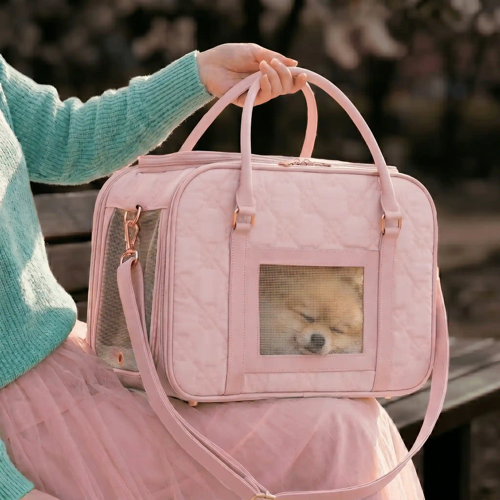 The soft-sided carrier with the puppy inside was placed on the model's lap