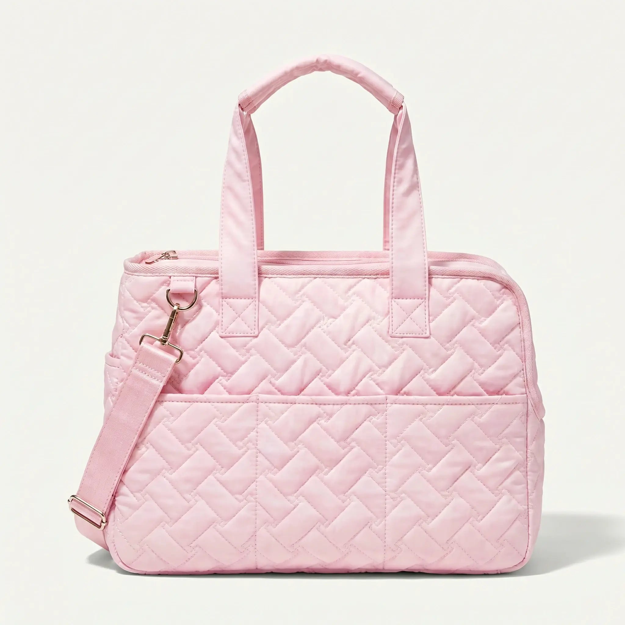 Side view of the pink pet tote bag, featuring a shoulder strap.