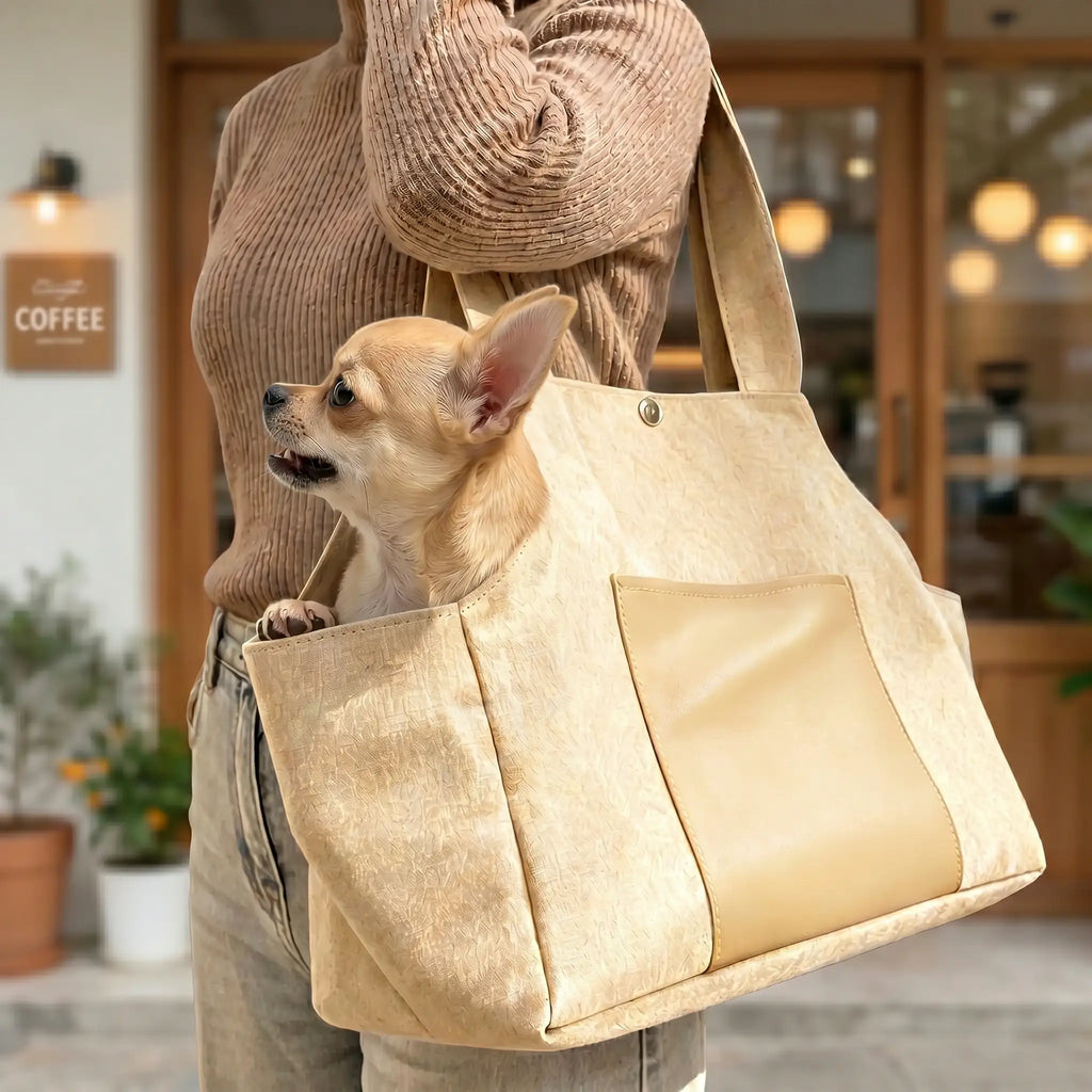 women holding small dog carrier with a dog in it