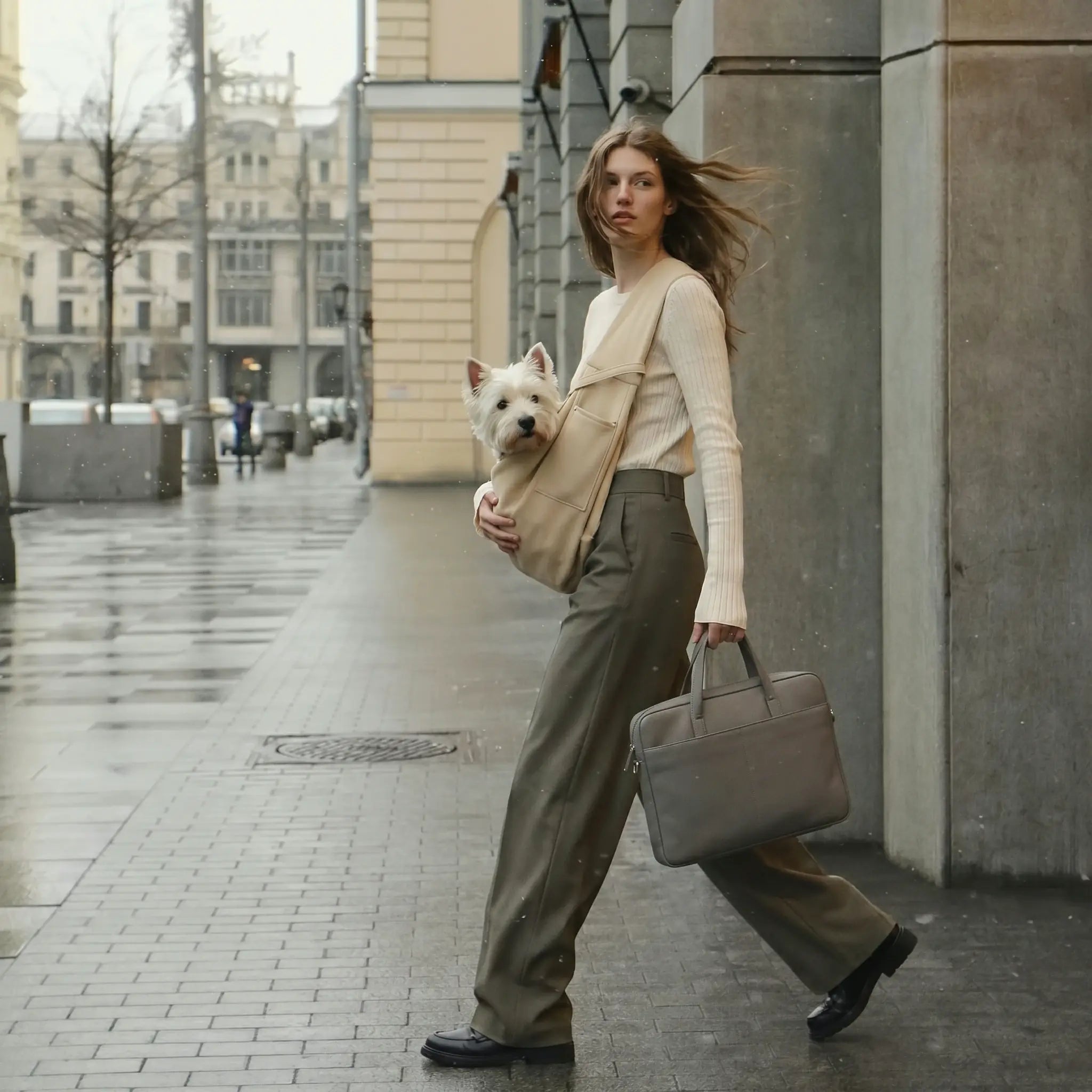woman carrying dog in a khaki pet crossbody bag while walking