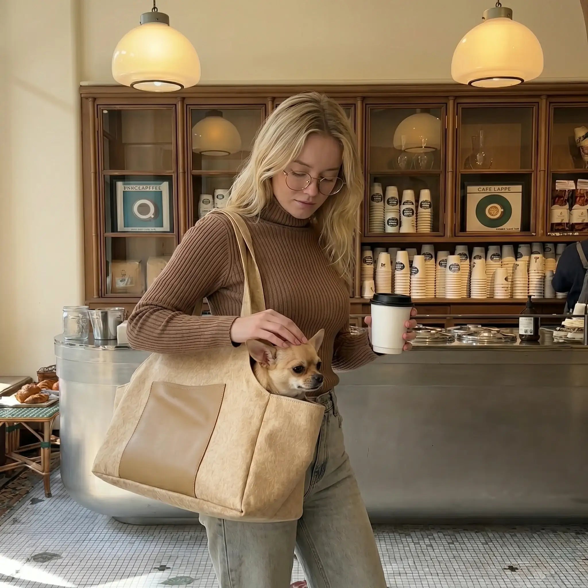 women touches chihuahua by keeping it in a small dog carrier