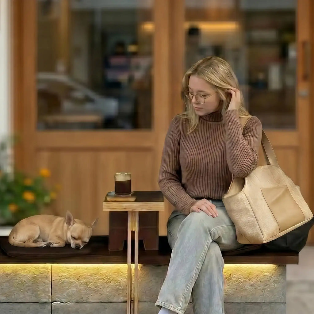women holds a small dog carrier and watcher chihuahua sleeping