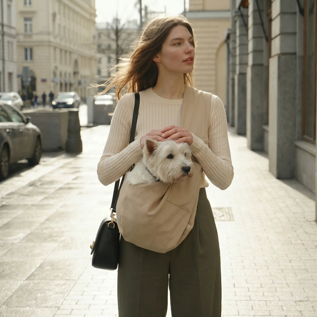 A woman is carrying a dog in a khaki pet crossbody bag while petting the dog