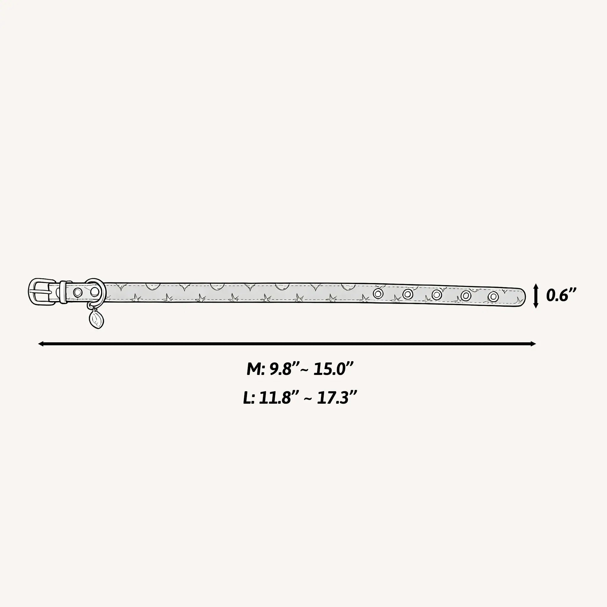 size chart of the gallery lead collar, 0.6 in width, neck range from 9.8 in to 17.3 in available.