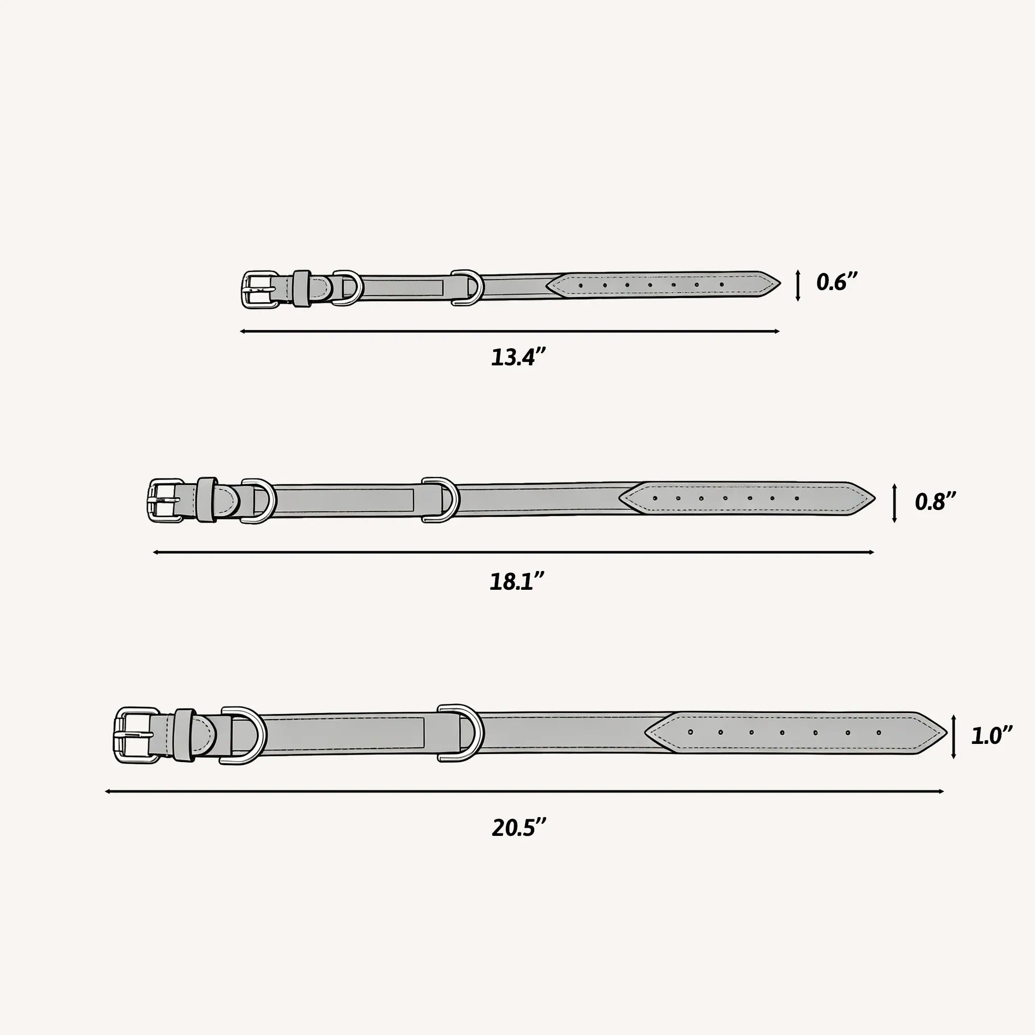 size of collar, show length from 13.4 in to 20.5 in and width from 0.6 in to 1.0 in